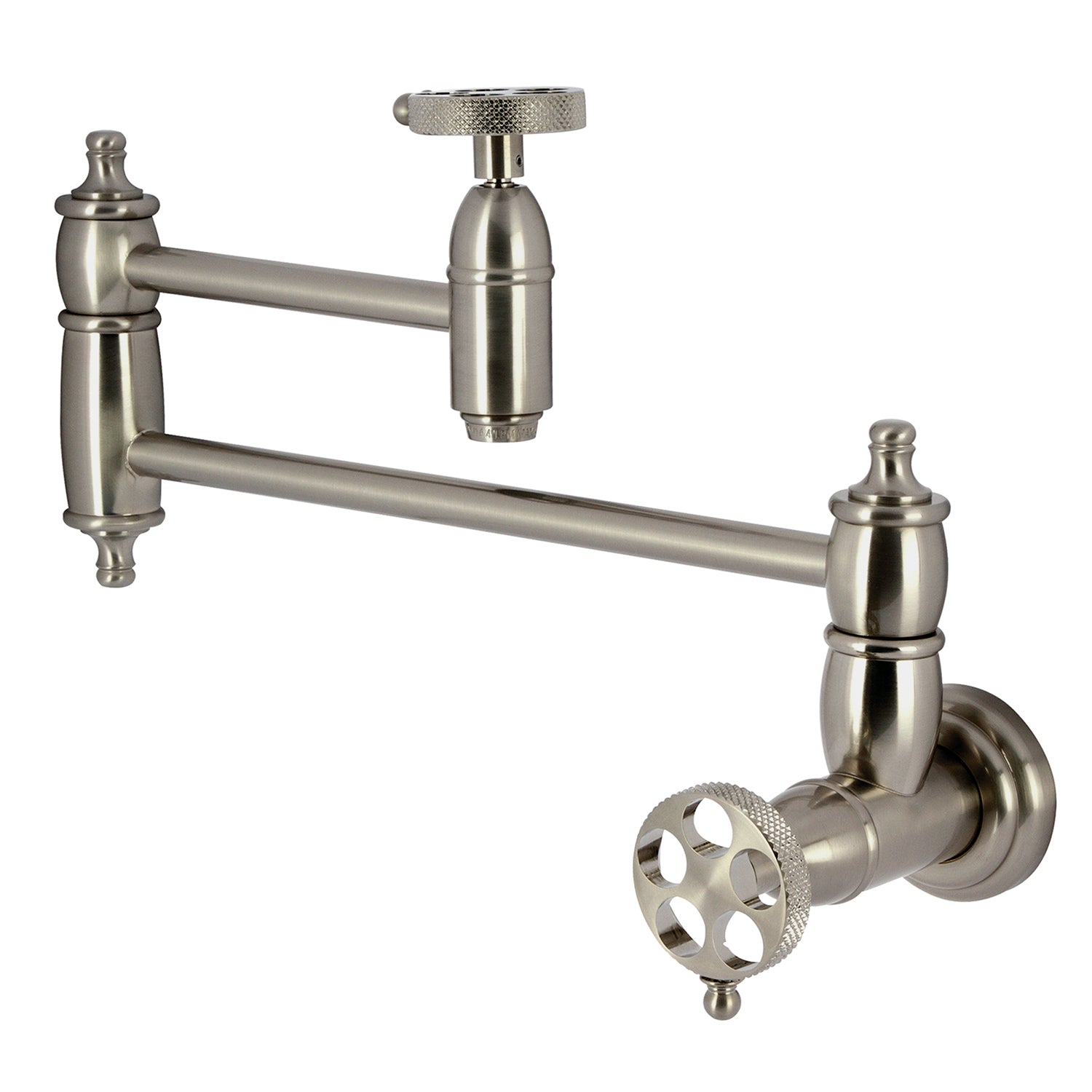 Kingston Tulare KS3108RKX - Webb Two-Handle 1-Hole Wall Mount Pot Filler Faucet with Knurled Handle, Brushed Nickel — image 1